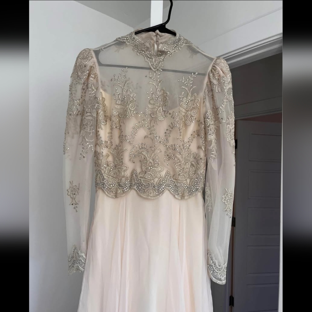 Vintage Rose Taft Couture Wedding Dress Elegant Embroidered Sheer Overlay Dress